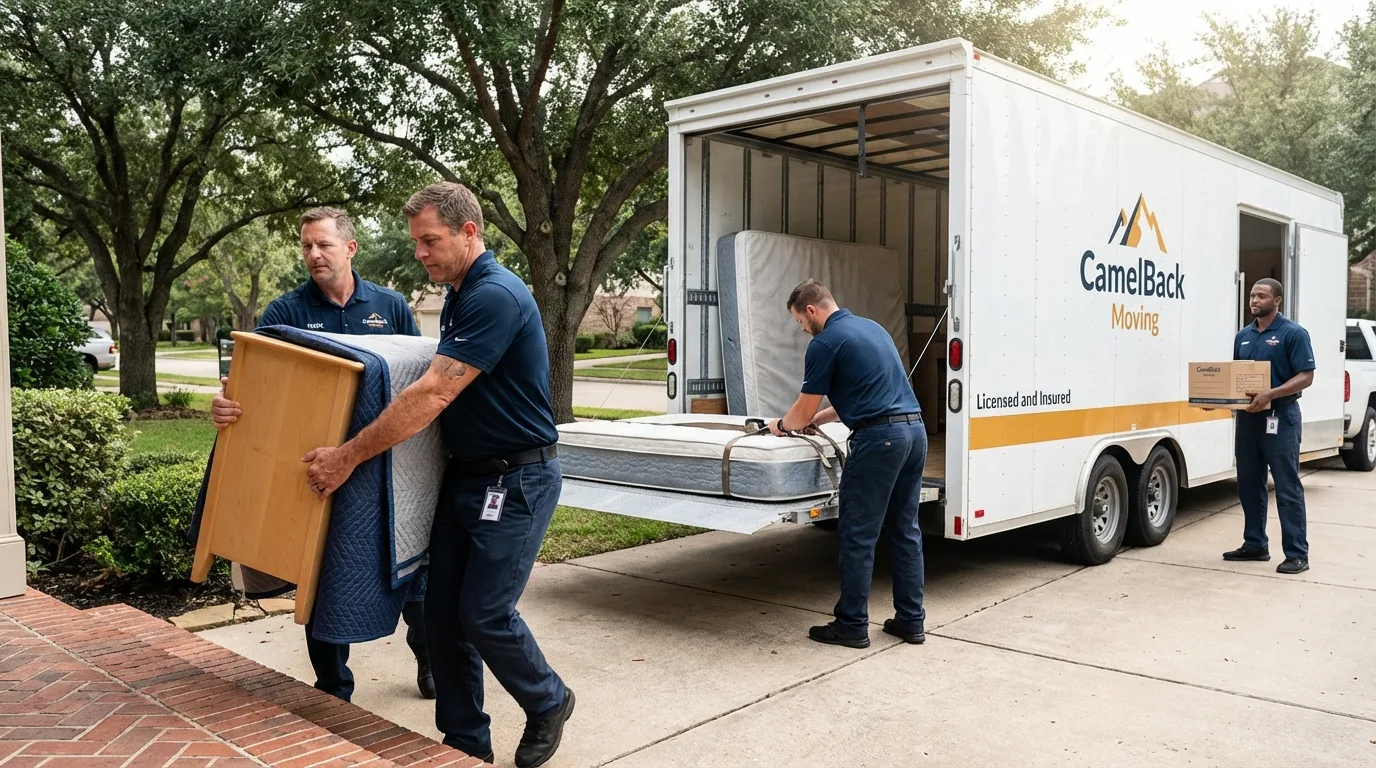 Crew loading residential truck for cross-state move from Progreso, TX