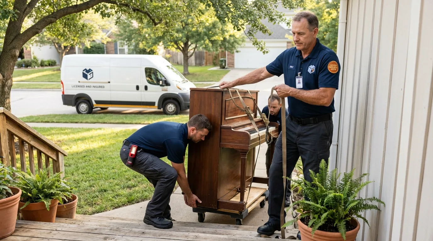 Licensed piano movers securing grand piano in Progreso, TX