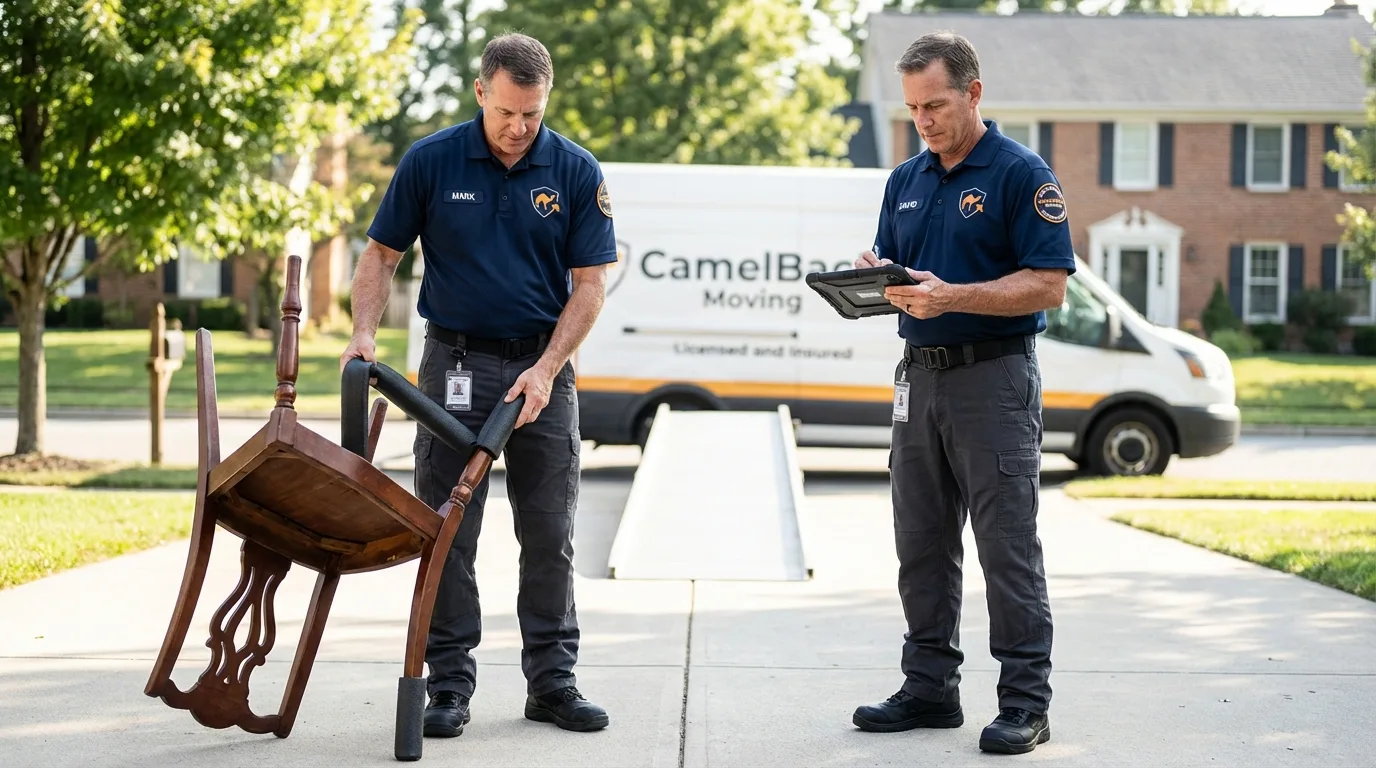 Movers inspecting furniture for damage prevention before loading in Progreso, TX
