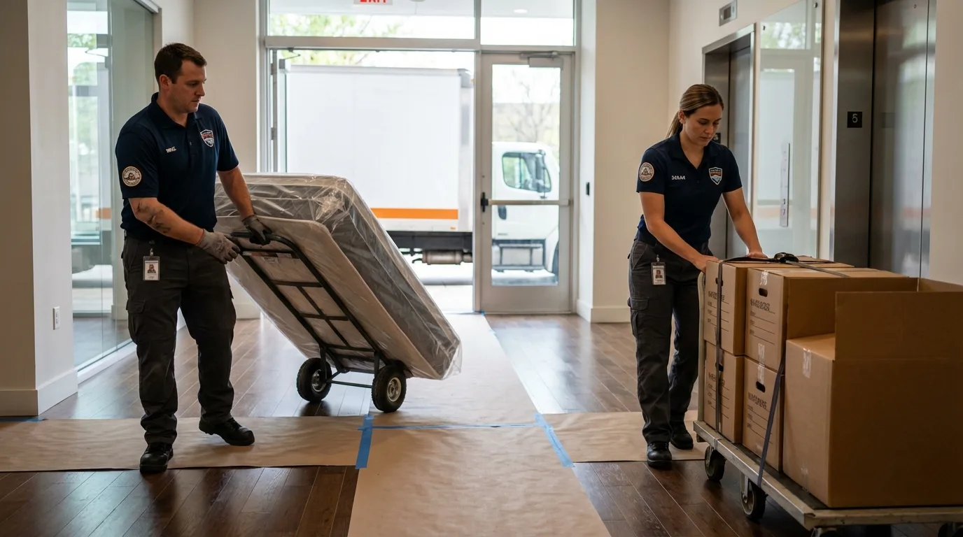 Professional apartment movers loading elevator in Progreso, TX
