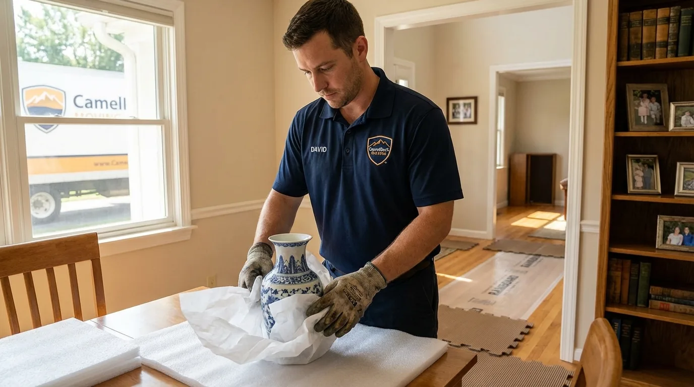 Professional crew carefully wrapping antique vase for senior downsizing move in Progreso, TX